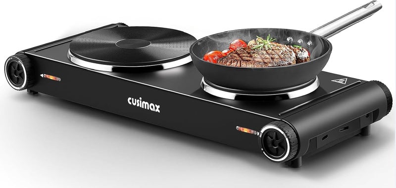 CUSIMAX Hot Plate,1800W Electric Stove Countertop Double Cast Iron Burner with Adjustable Temperature,7.4”+6.1” Portable Hot Plates for Cooking,Compatible for All Cookwares - Image 1